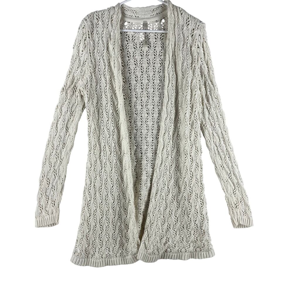 Leo & Nicole WMNS Pointelle Open Knit Cotton Blend Cardigan SZ L Ivory Longline